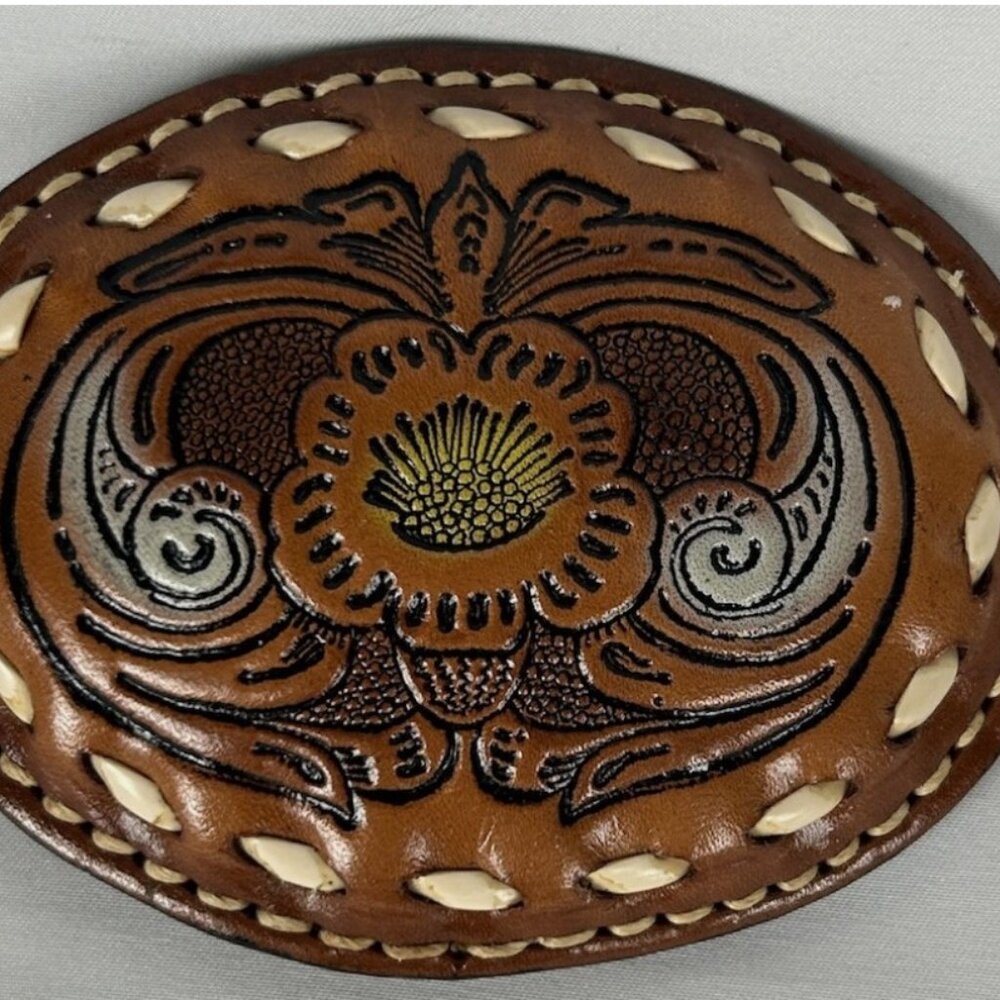 Torel Cowhide Leather Floral Belt Buckle Yoakum Texas USA Tooled Embossed